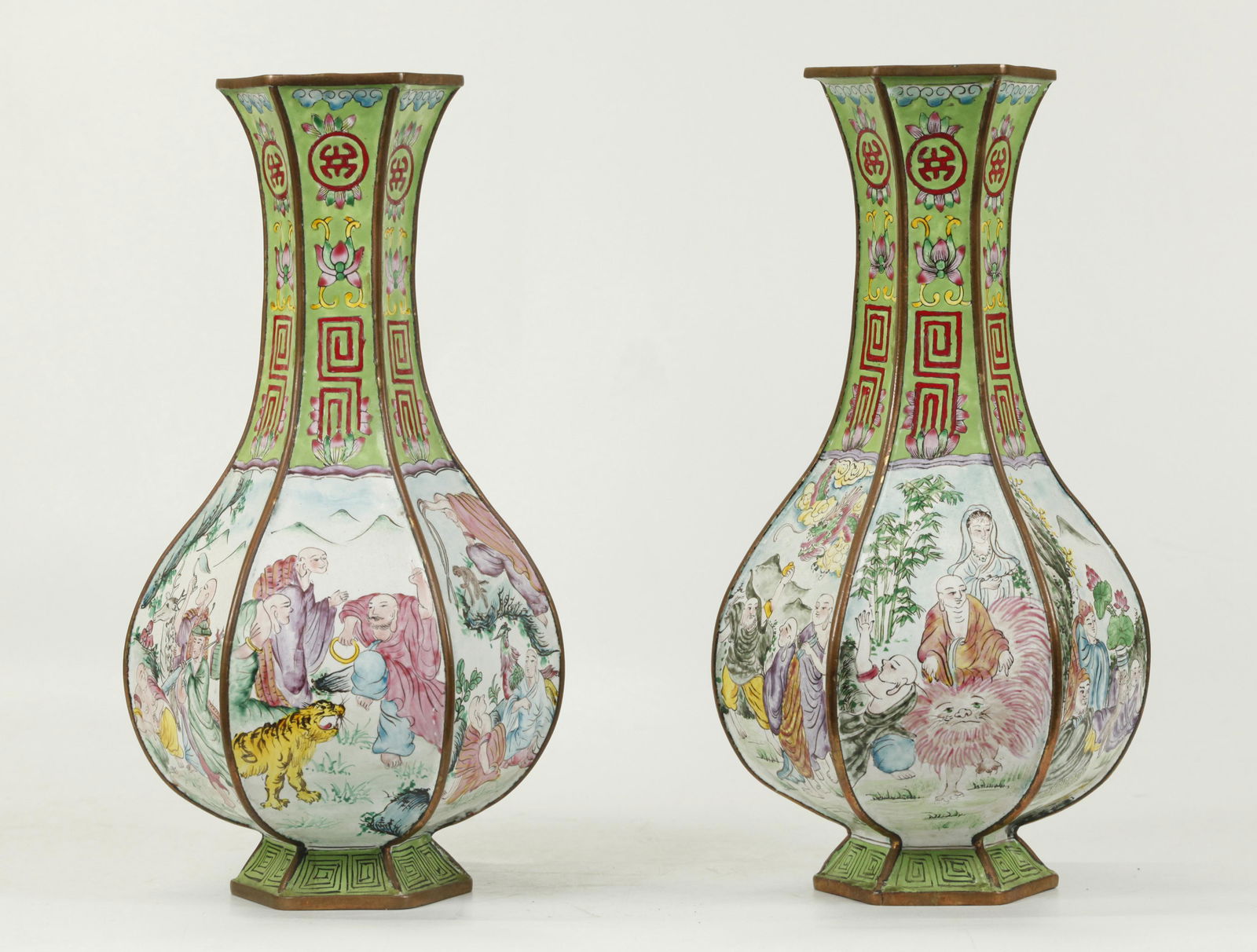 Pr Chinese 6 Panel 18 Lohan Canton Enamel Vases (1 of 6)