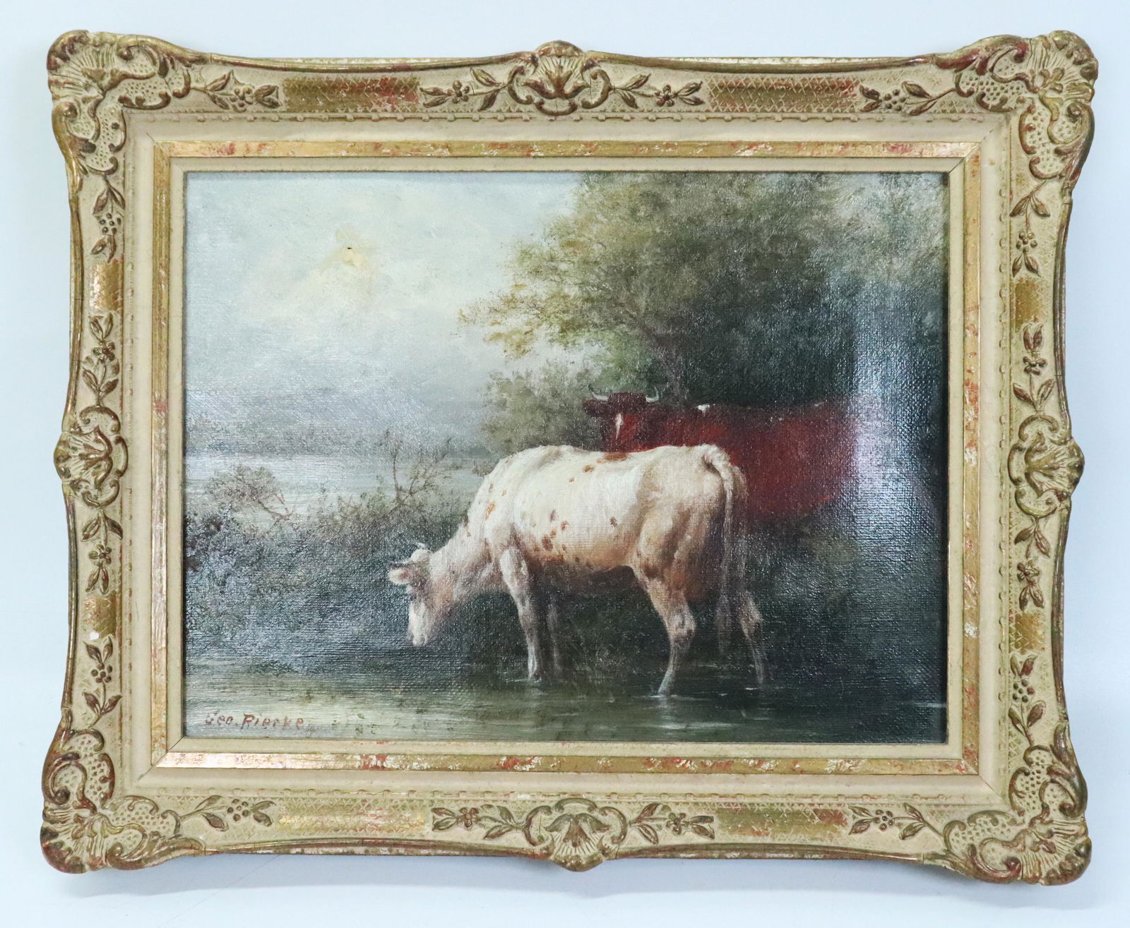 George Riecke, American; 2 Cows at Water; Oil (1 of 4)
