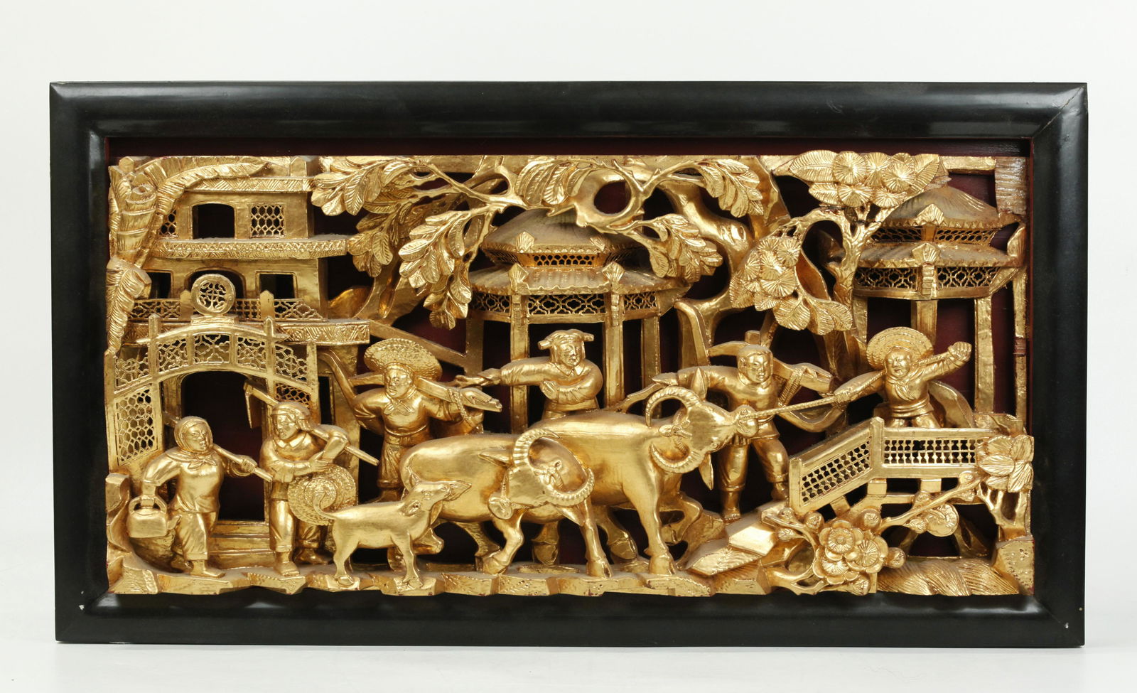 Chinese Gilt Lacquer Farmer/Water Buffalo Plaque (1 of 4)