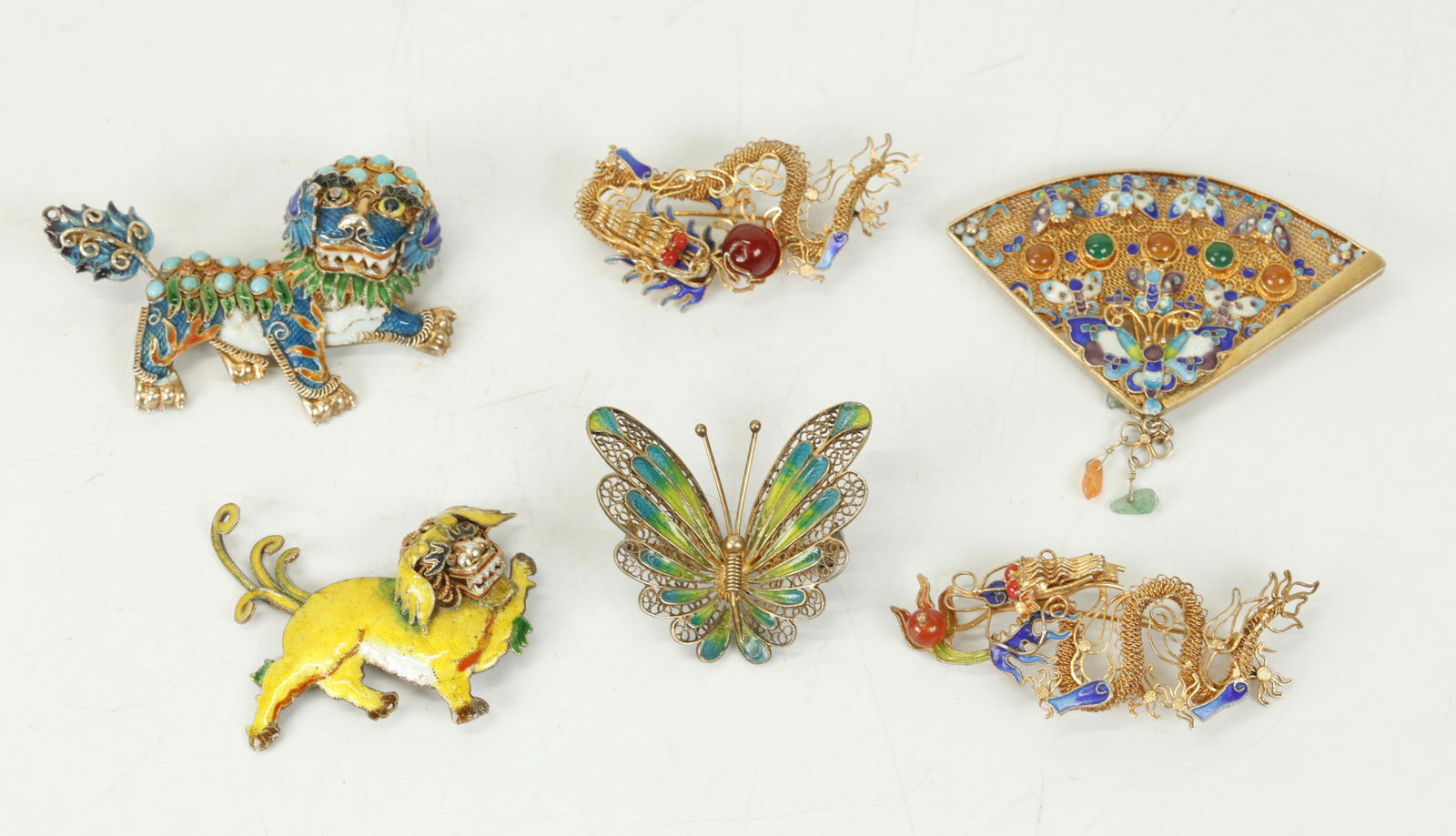 6 Chinese Gilt Silver & Enamel Pins; 67.5G (1 of 7)