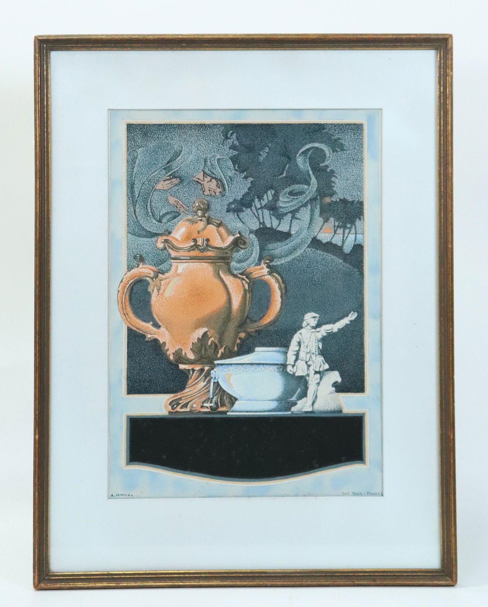 Lu Kimmel Grisaille Still Life Gouache ca 1920's (1 of 5)