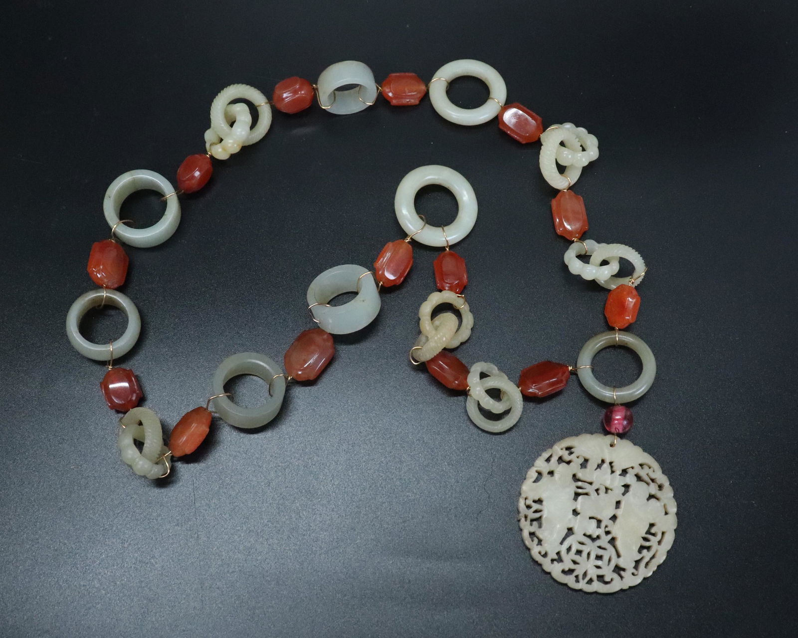 Chinese Qing Hard Stone Pendant, 14 Jade Rings (1 of 6)