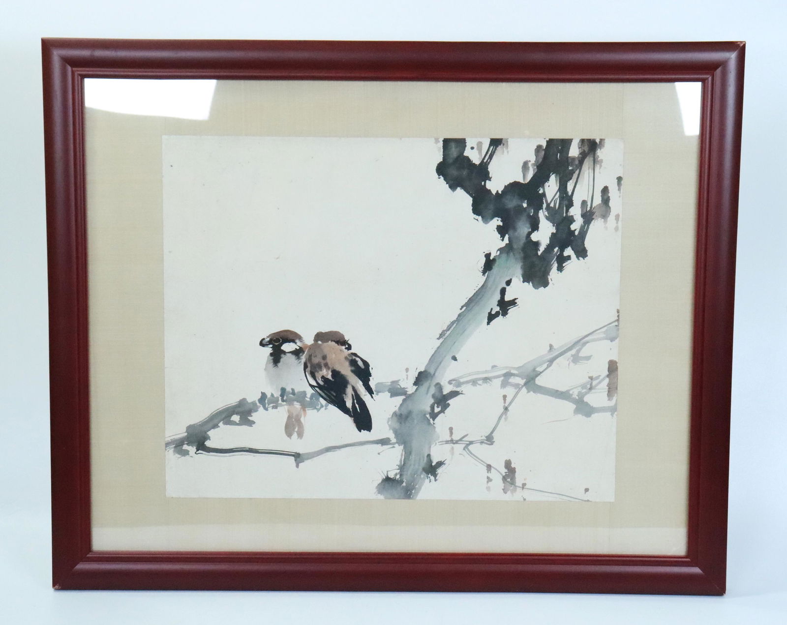 Zhao Shaoang; Chinese Ink Painting on Paper: Zhao Shaoang (Chinese, 1905â€“1998); Chinese Ink Painting of 2 Birds on a Branch, with light color on paper mounted with silk borders and framed to the edges of borders. Height of art 11 1/4 inch