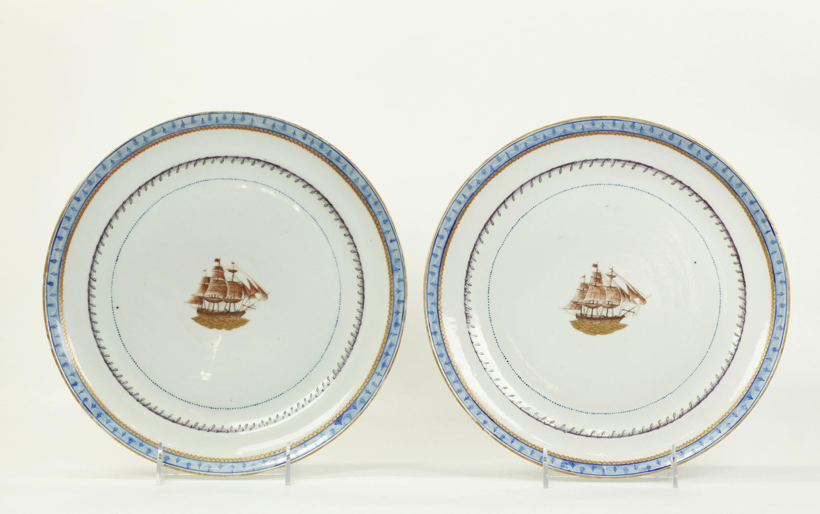 Pr Chinese 19 C Porcelain US Clipper Ship Plates (1 of 5)