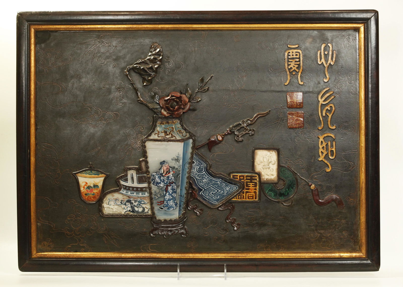 Chinese 19th C Lacquer Reverse Glass Panel (1 of 6)