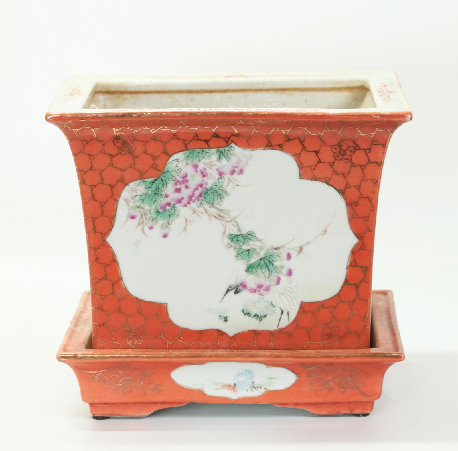 Chinese Late Qing Coral Porcelain Planter & Tray (1 of 5)