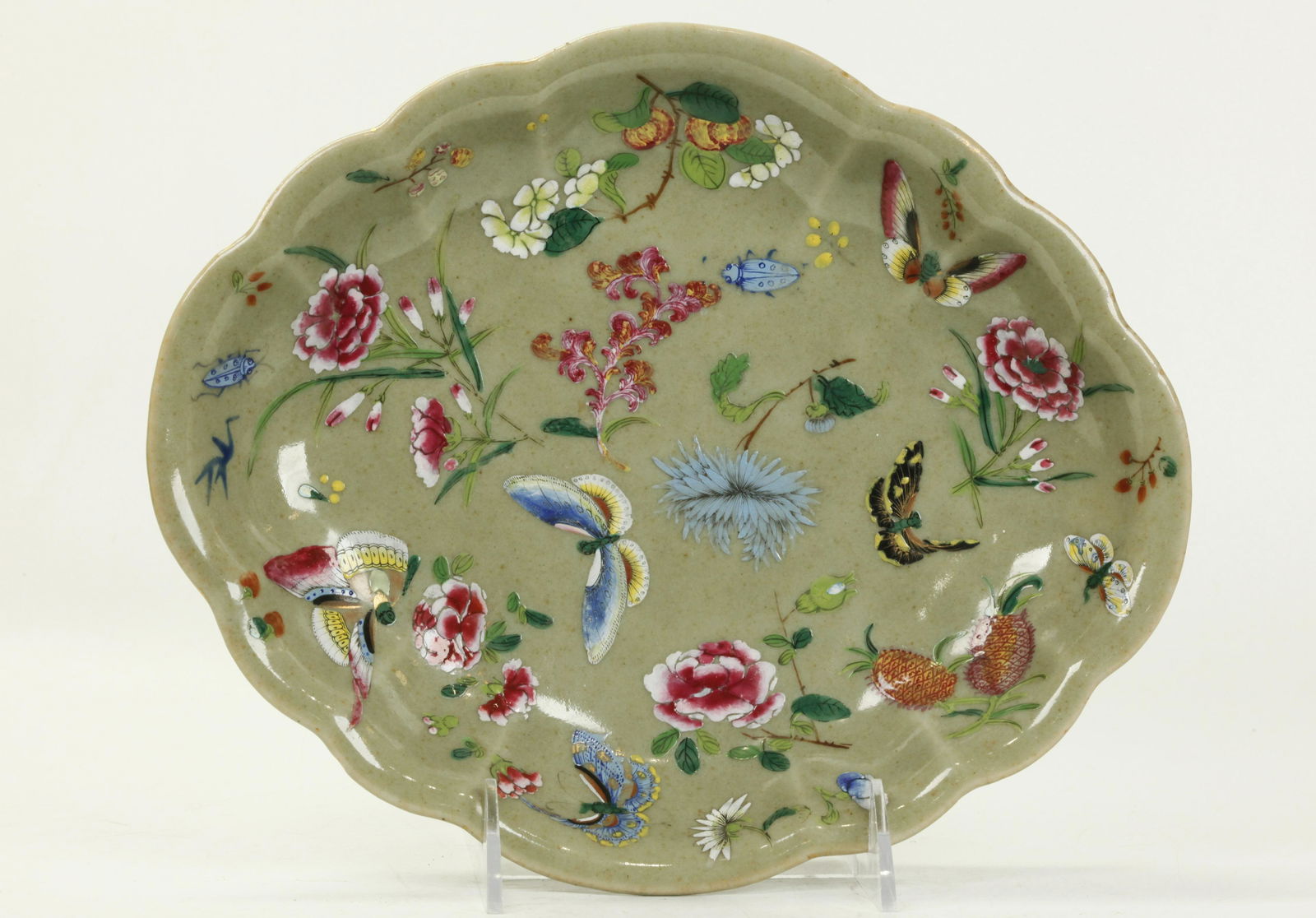 Chinese 19th C Scalloped Enameled Celadon Plate (1 of 4)
