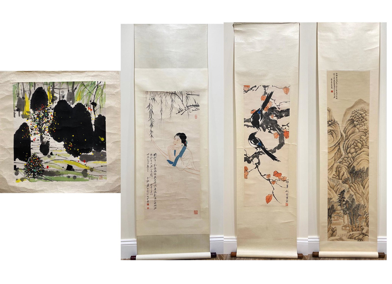 4 Chinese Ink & Color Paintings on Paper: 4 Chinese Ink & Color Paintings on Paper each with inscriptions and 1 or more red seals: a Lady & Willow at a Moon Window, 2 black birds on branches, a Mountain Gorge Landscape in brown and a modernis