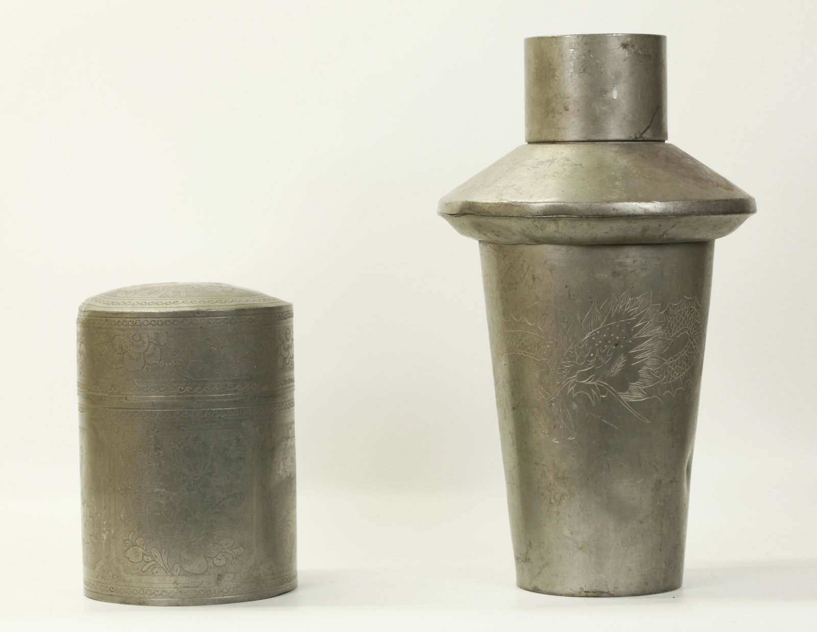 2 Large Chinese Incised Pewter Tea Caddies (1 of 5)