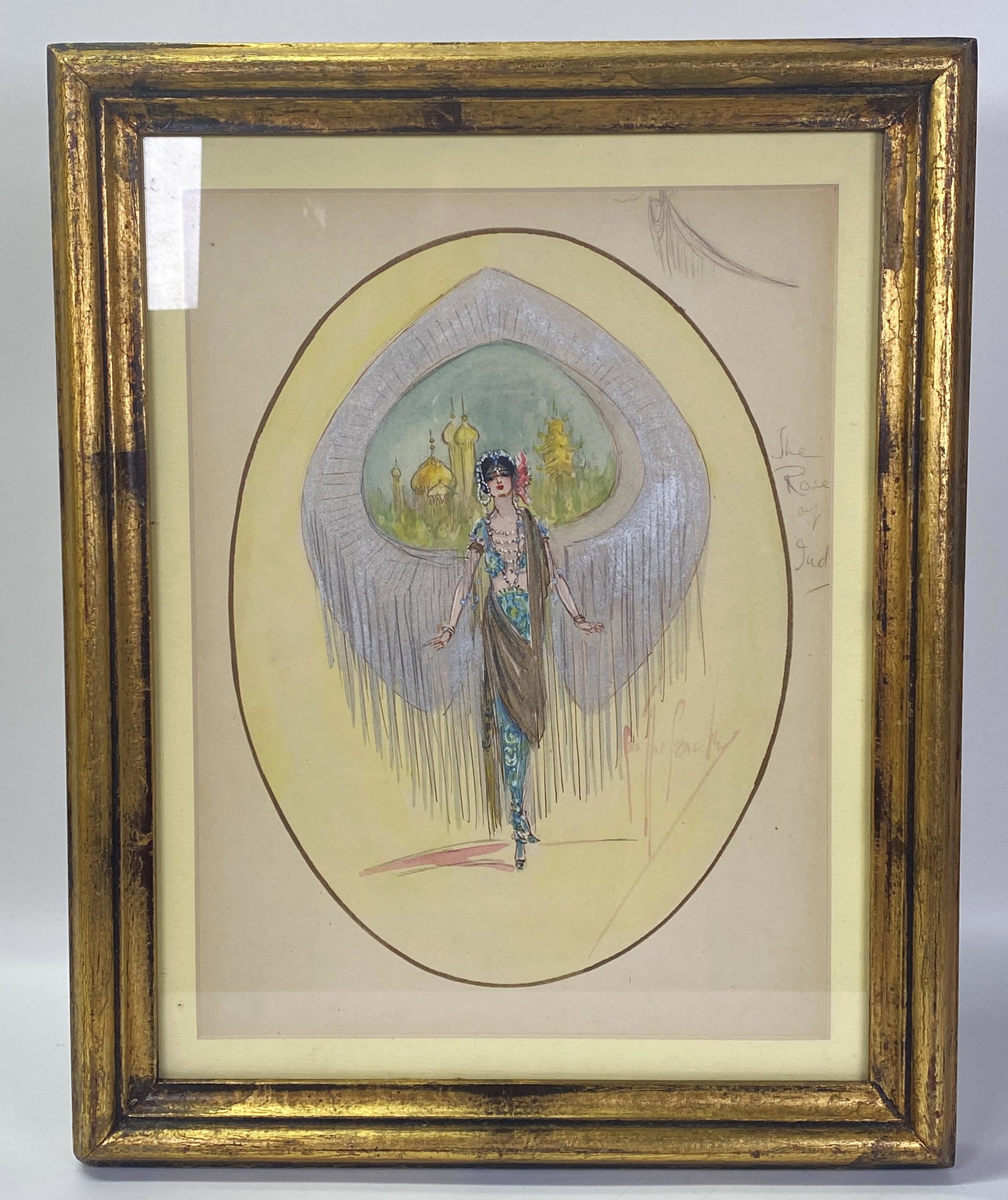 Cora Mac Geachy: Art Nouveau W/C Costume Design: Cora Mac Geachy: Art Nouveau Costume Design in Watercolor and Metallic Paint on Peacock Feather Scenic background in oval, signed in lavender watercolor and titled in pencil to right side "The Rose of