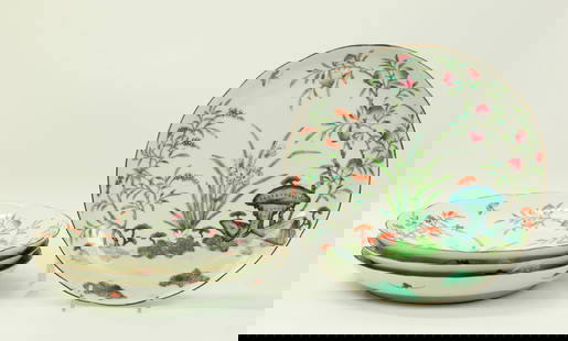 4 Fine Chinese 19th C Enameled Porcelain Plates: 4 Fine Chinese 19th Century Enameled Porcelain Plates, each with a design of 9 Peaches, Paper-Whites, Red Berry stems, Lingzhi & a Butterfly, the reverse of each with a border of 5 Bats and the center