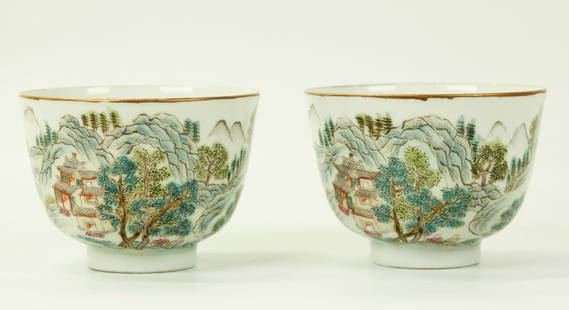 Pr Chinese 19th C Famille Rose Porcelain Cups: Pair Chinese 19th Century Famille Rose Enameled Landscape Porcelain Cups of 2 Figures at a Mountain Retreat, the bases with 6 character Daoguang seal mark in iron red and of the period. Height 2 3/4 i