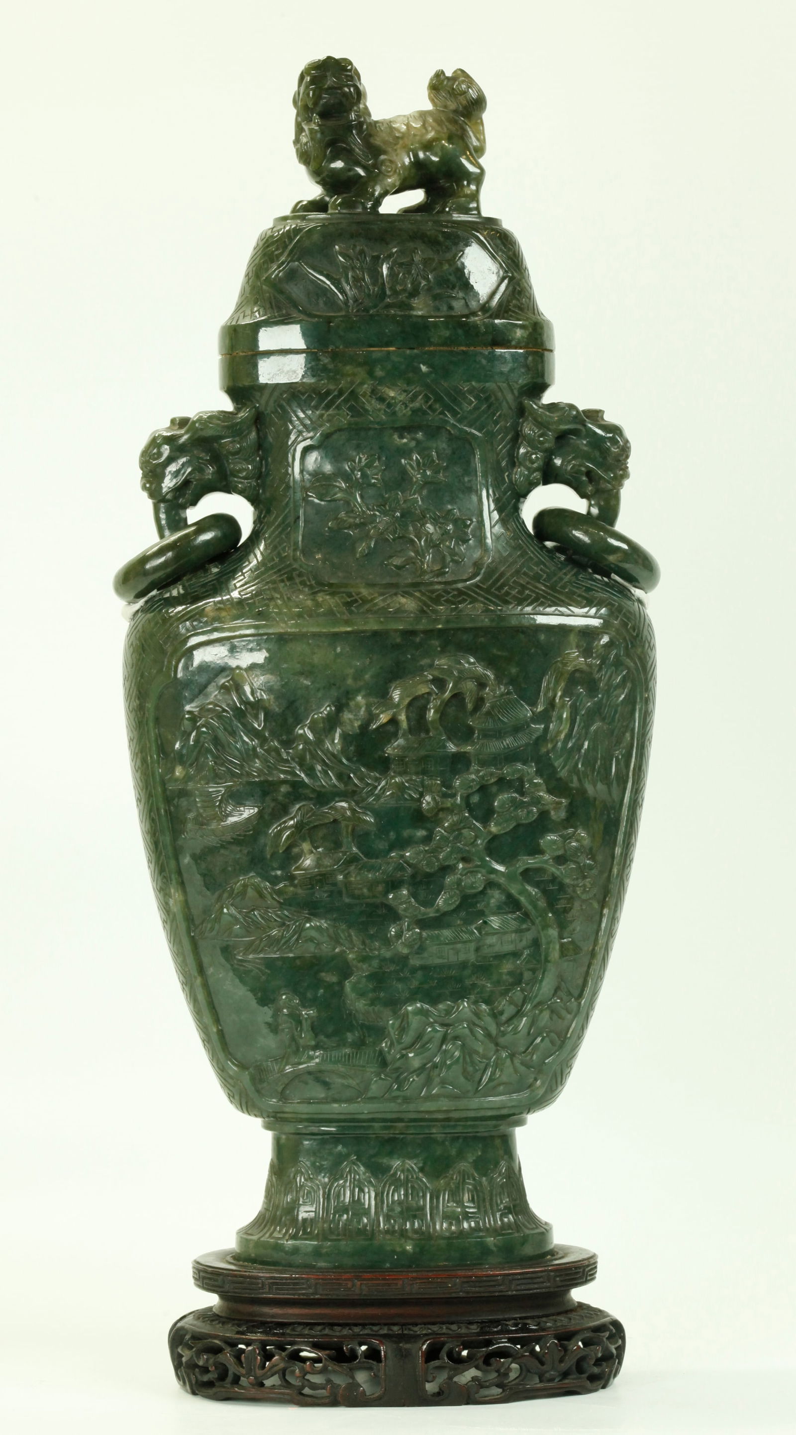 Lg Chinese 18th C Carved Green Jade Urn & Cover (1 of 5)