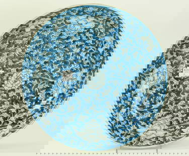 Lg Chinese Kangxi Blue White Porcelain Charger: Large Chinese Kangxi Blue White Porcelain Charger with a design of White Flowers, Stems & Leaves on an underglaze blue ground, the base in clear glaze with a leaf mark inside double rings in underglaz