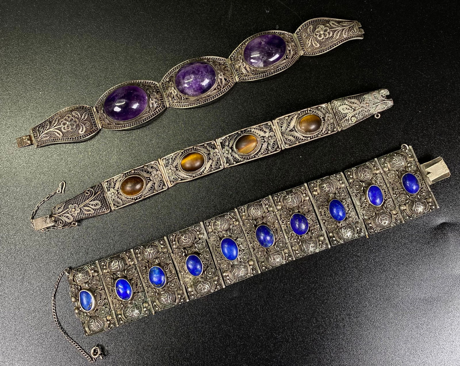 3 Chinese Inset Jewel & Silver Wire Work Bracelets (1 of 5)
