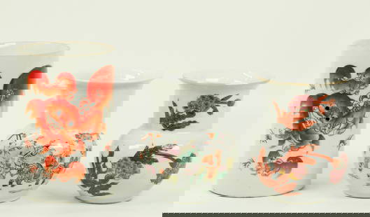 3 Chinese Enamel Porcelains Brush Pot 2 Zhadou: 3 Chinese Enamel Porcelains each with Tongzhi seal mark to base: a small Brush Pot enameled with a Fu Dog & 2 Puppies in iron red and an inscription to the reverse; 2 Zhadou, 1 with a parade of Sucess