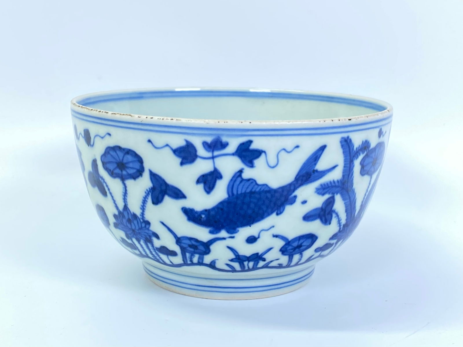 Chinese Blue & White Fish & Lotus Porcelain Bowl (1 of 6)