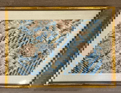 Chinese Qing Embroidery Border Fragment: Chinese Qing Dynasty Embroidery Border Fragment in satin stitch with waves, deep water, auspicious objects and Bats, as well as Flowers in looped & knotted stitch; with mat and frame. Visible height o