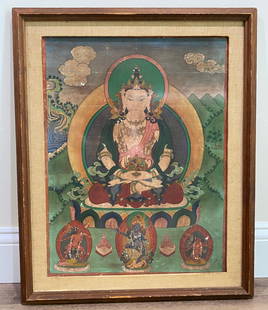 Tibetan Buddhist Thangka; Framed: Tibetan Buddhist Thangka; mounted to board, now with over mat and frame. Height of art 20 inches (50.8 cm.) X width of art 15 1/2 inches (39.5 cm.).