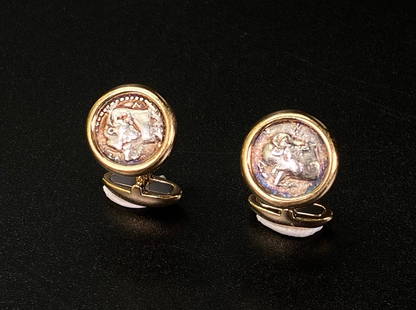 Bulgari Macedonia Acanthus Coin 18K Cuff Links: Bulgari; Macedonia Acanthus (470-390 BC) Silver Coin, Bezel Set in 18K yellow gold as Cuff Links, each engraved to back "Macedonia Acanthus 470-390 b. C." the arms with hinged back marked "Bvlgari / 7