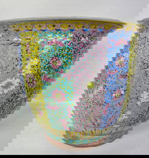 Large Chinese Qing Enameled Porcelain Planter: Large Chinese Qing Enameled Porcelain Planter, the sides with scrolling flower vertical stripes in grounds of light blue, yellow, turquoise and pink between bands to mouth and foot; the recessed base