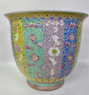 Large Chinese Qing Enameled Porcelain Planter: Large Chinese Qing Enameled Porcelain Planter, the sides with scrolling flower vertical stripes in grounds of light blue, yellow, turquoise and pink between bands to mouth and foot; the recessed base