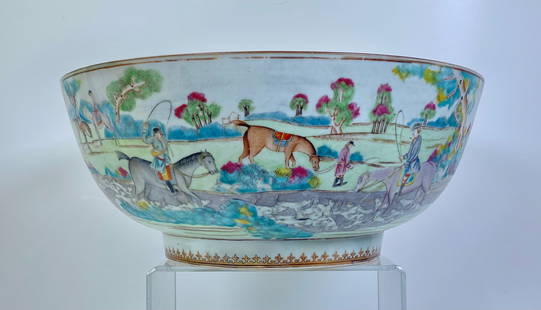 Chinese 18C Export Porcelain Fox Hunt Punch Bowl: Large 18th C Chinese Export Porcelain "Fox Hunt" Punch Bowl in famille rose enamels with two large panels to the outside with views of men in 18th Century riding clothes with whips and horns, mounted