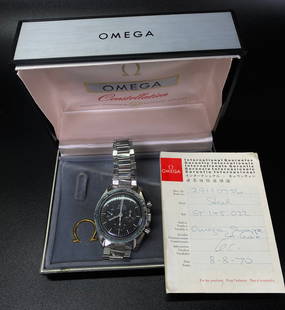 Omega Speedmaster Automatic Watch with Box: Omega Steel Speedmaster Automatic Watch and link bracelet marked Omega to back of deployant buckle with Logo to top; with "Constellation" Box & a Booklet. Diameter of case 1 5/8 inches (4.2 cm.).