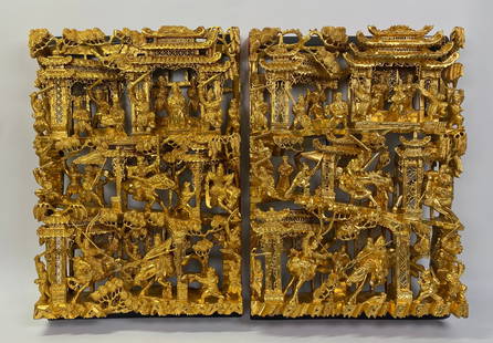 2 Similar Chinese Gold Lacquered Wood Panels: 2 Similar Chinese Gold Lacquered Wood Panels with characters from the Opera, Military and Historical, the back and sides in red and black lacquer. Height 17 inches (43 cm.) X width 12 inches (30.5 cm.