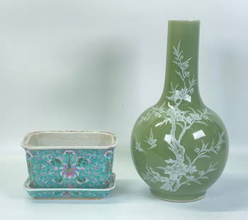 Chinese Porcelain Planter & Tray, Celadon Vase: Chinese Famille Rose Enameled Porcelain Planter with 2 original drainage holes and Under Tray with scrolling flowers on a turquoise ground and each with 6 character Qianlong seal marks to bases in iro