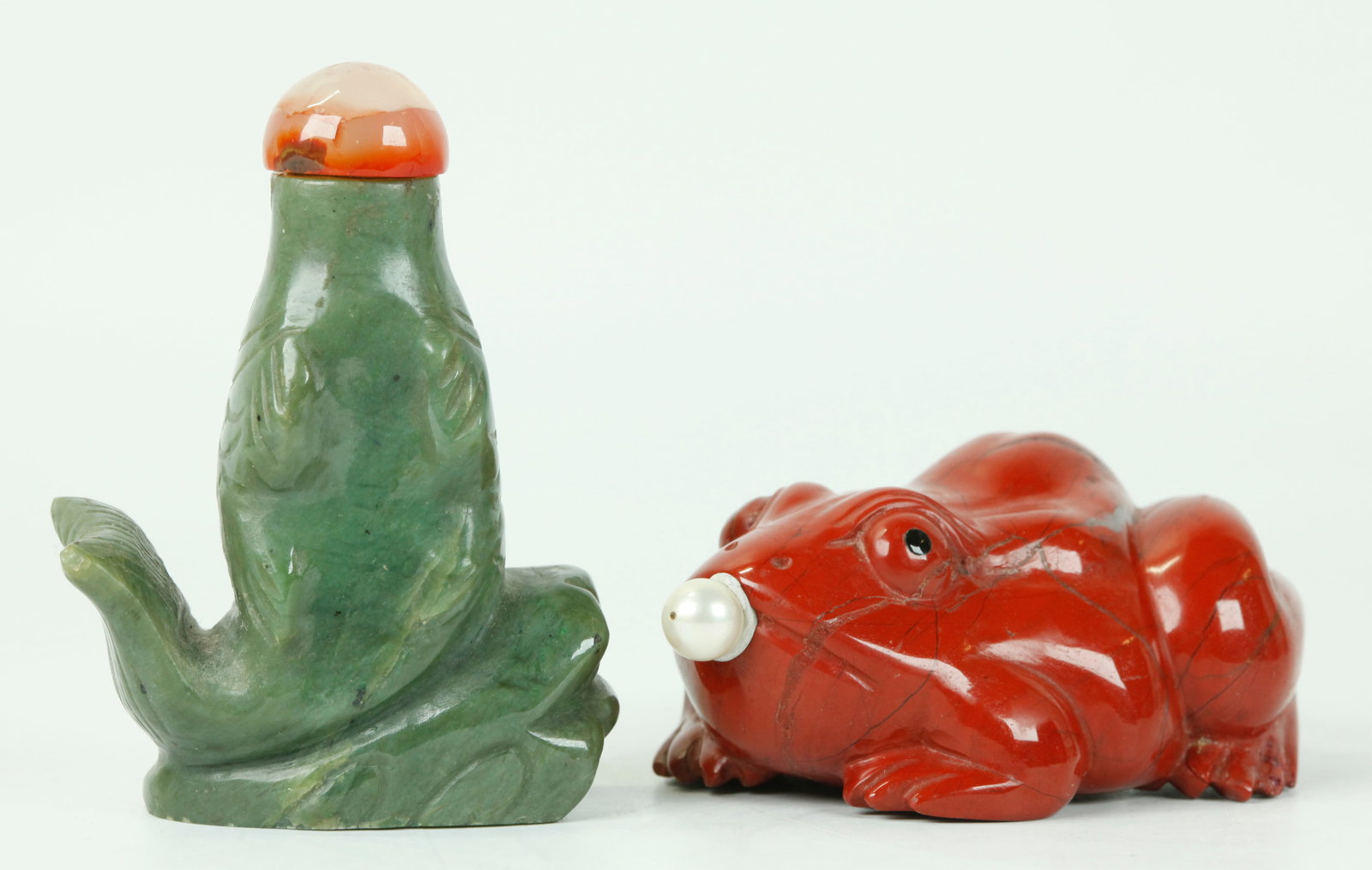 2 Lg Chinese Hard Stone Snuff Bottles; Frog Fish (1 of 6)