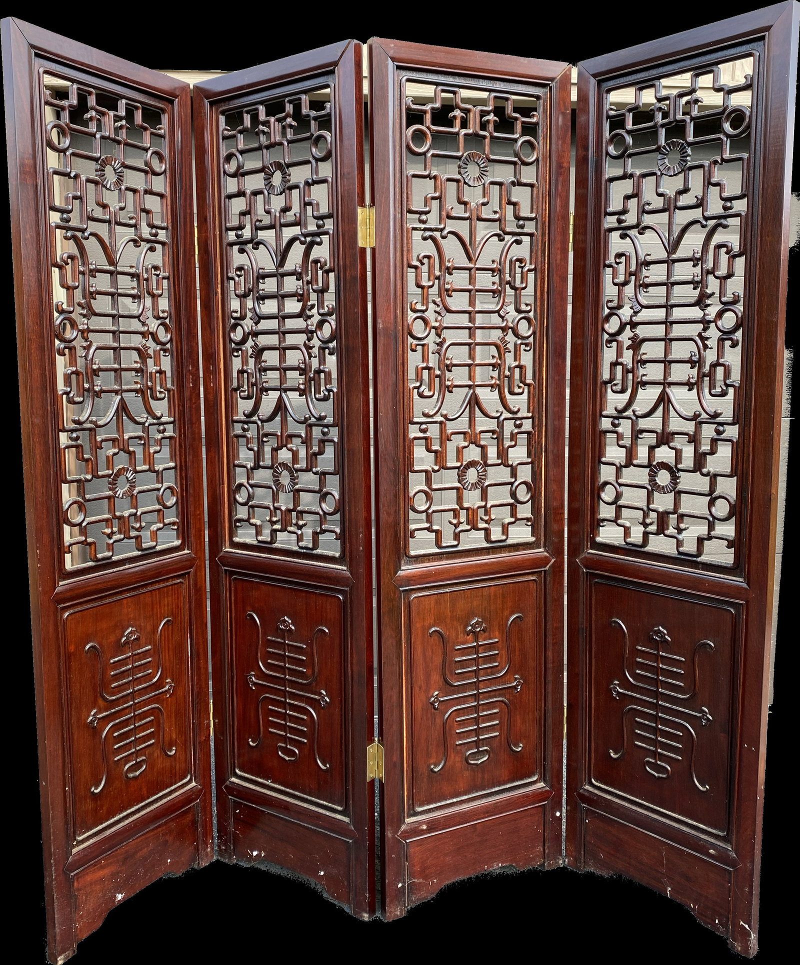 4 Panel Chinese Hard Wood Pierced & Carved Screen (1 of 8)