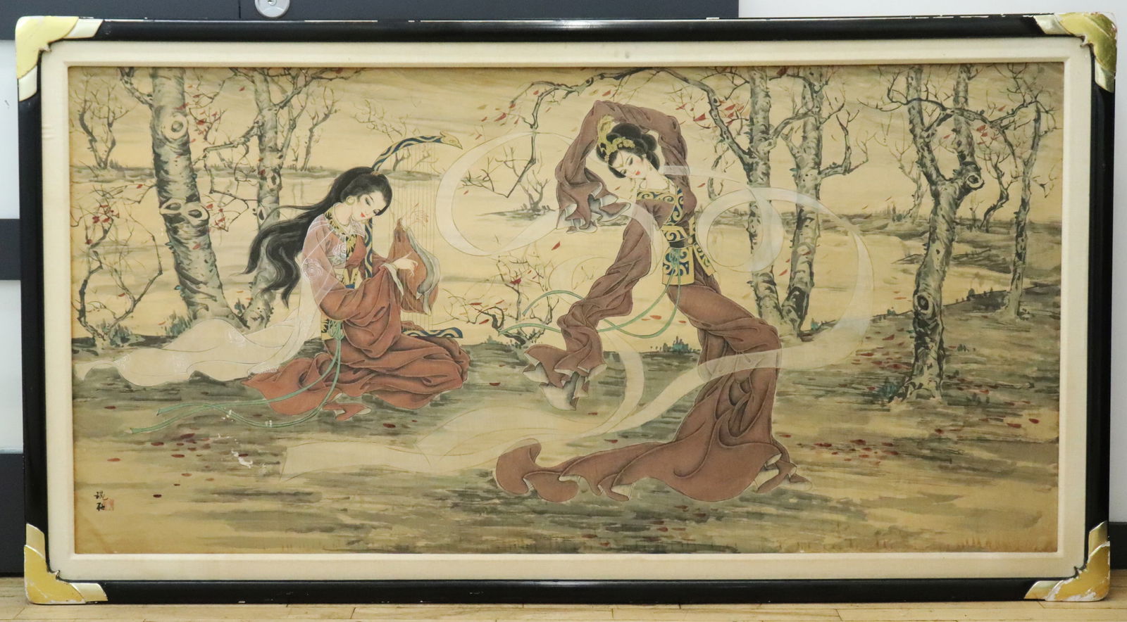 Lg Chinese Ink & Color Painting on Silk 2 Ladies: Large Chinese Ink & Color Painting on Silk of 2 Ladies, one Dancing with the falling leaves, the other seated playing a harp; an ink mark and seal to lower left corner: the silk mounted on board, with