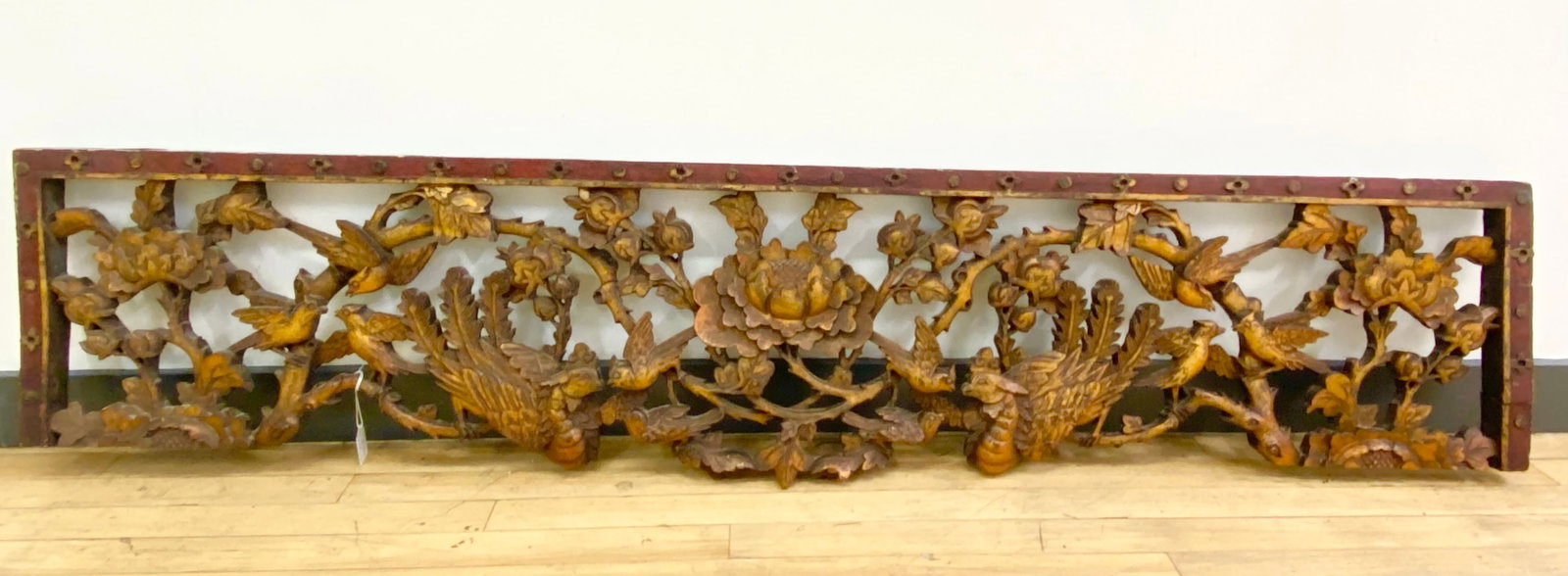 Chinese Carved Gold Lacquer Phoenix & Peony Panel (1 of 5)