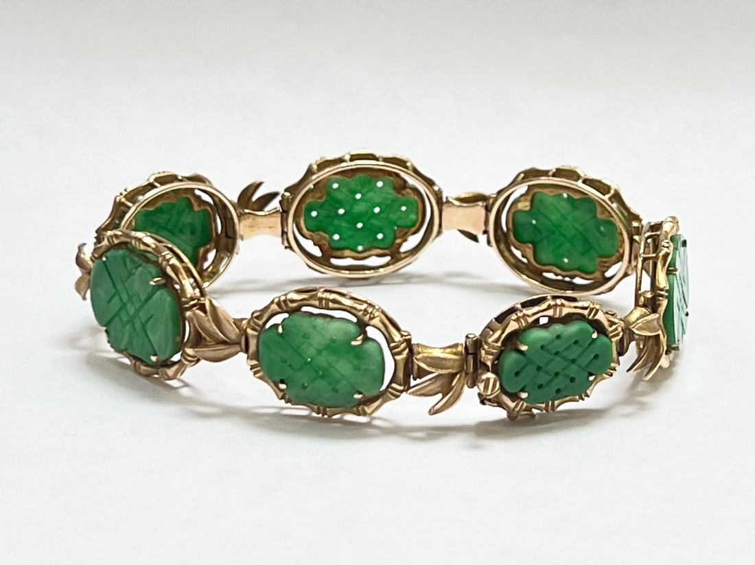 Chinese 7 Natural Jadeite Yellow Gold 14K Bracelet (1 of 7)