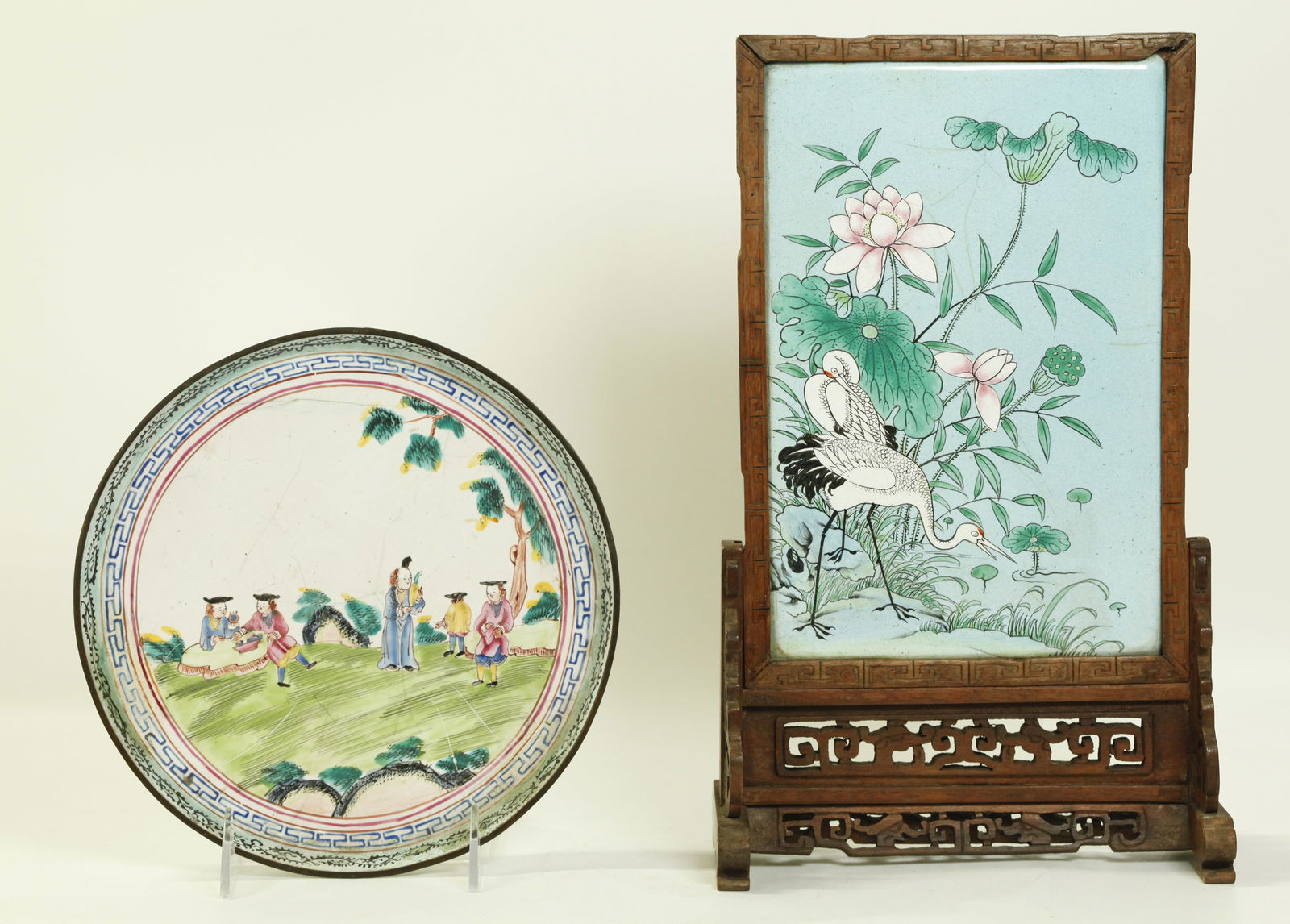 2 Chinese Canton Enamels 18 C Plate Table Screen (1 of 5)