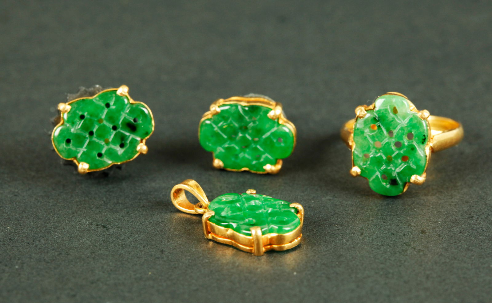 Chinese Natural Green Jadeite & 18K 4 Piece Set (1 of 6)