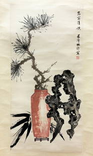 Lin Shu; Chinese Ink Color Paper Hanging Scroll: Lin Shu; Chinese Ink and Color on Paper Hanging Scroll; Vase of Pine with Bamboo and a Scholar's Rock, with ink inscription to upper right corner and 1 red seal. Height of art 26 1/2 inches (67.3 cm.)