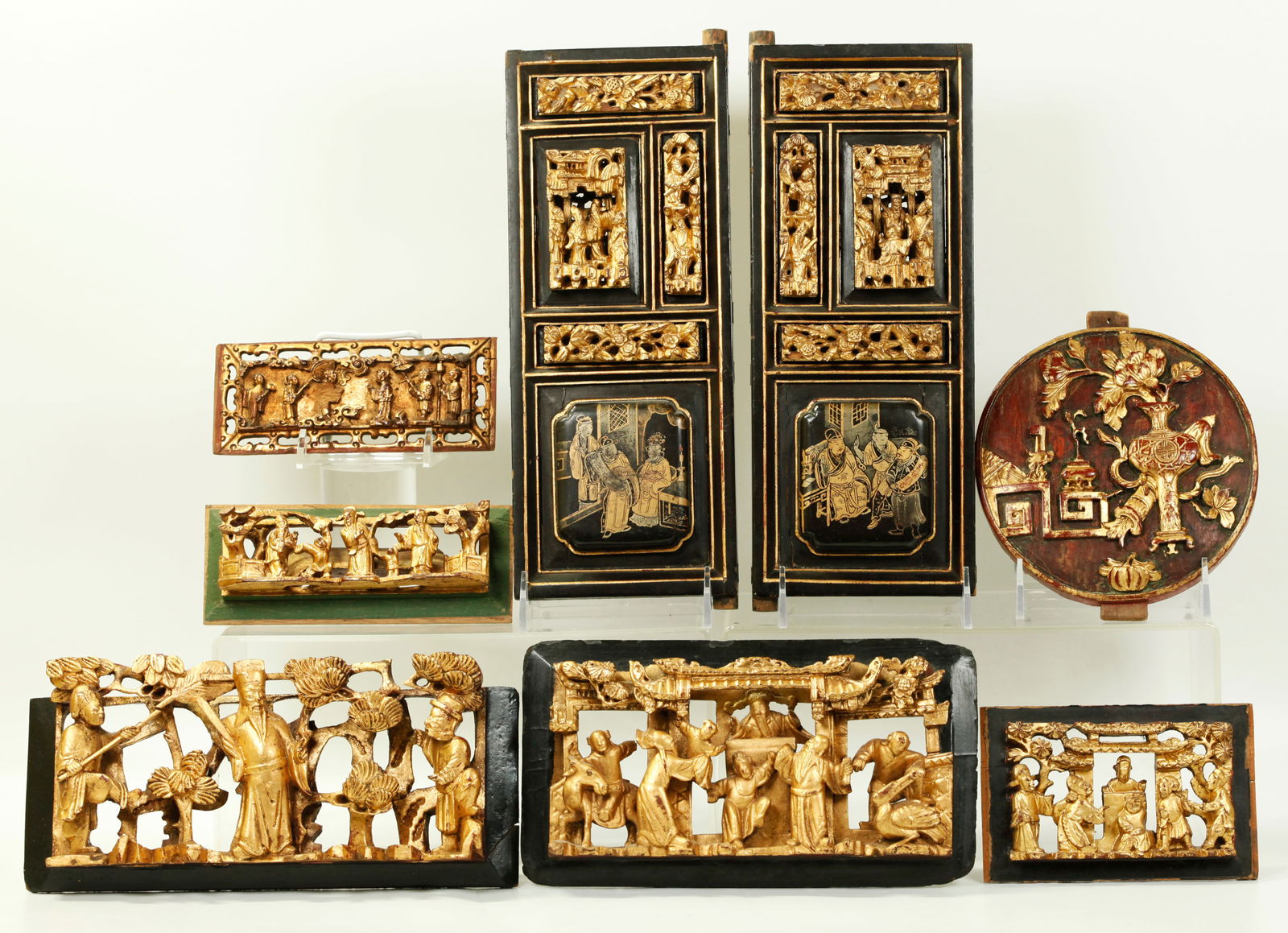 8 Sm Chinese Gold & Black Lacquer Carved Panels (1 of 5)