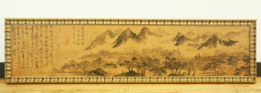 Zhang Yu; Chinese Yuan Dynasty Ink Scroll Painting: Zhang Yu; Chinese Yuan Dynasty Ink Hand Scroll Painting of a long, misty Mountain Landscape with trees, houses and a boat to foreground, with calligraphy to end and at least 10 small red seals; framed