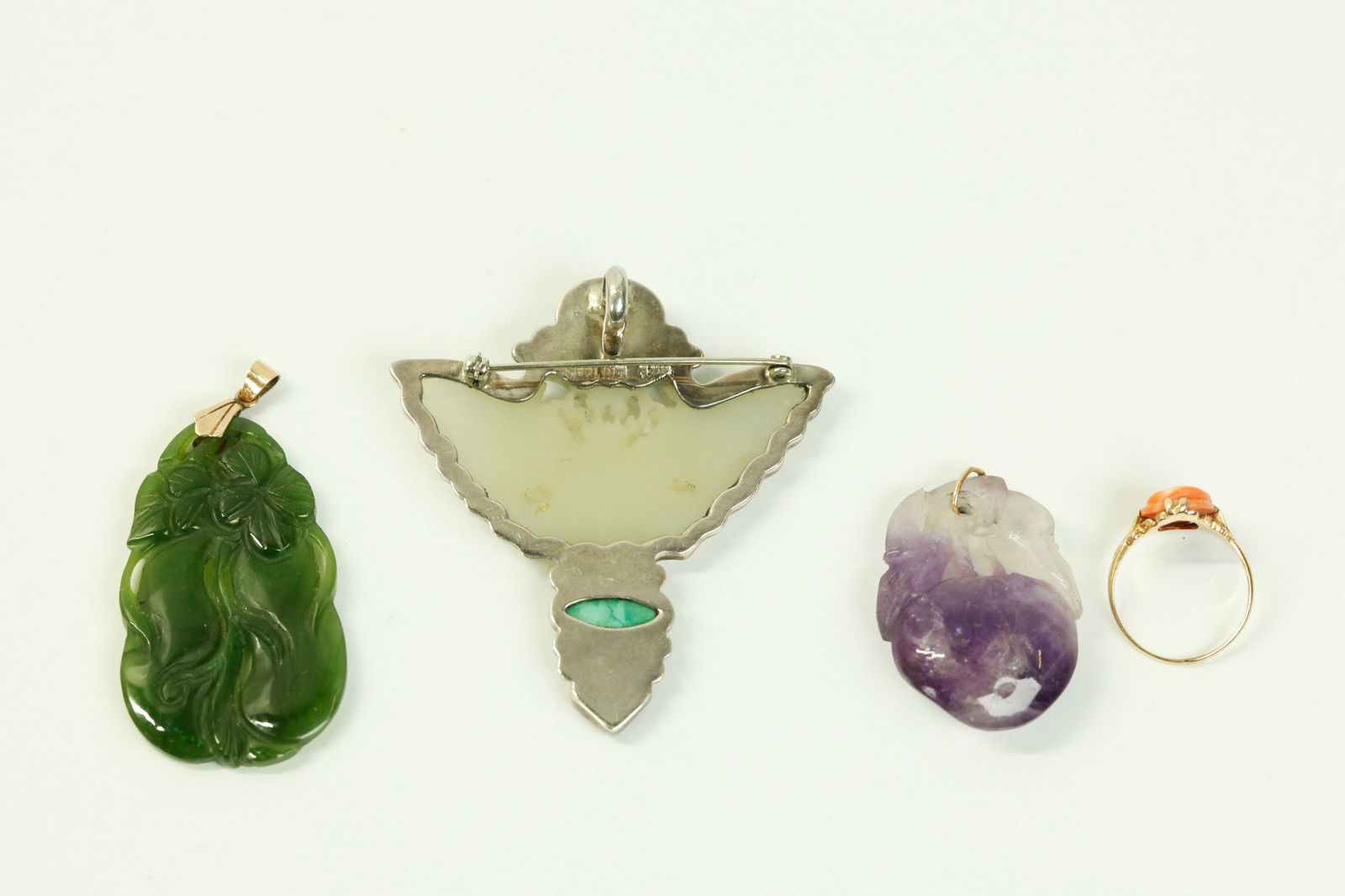 3 Chinese Carved Stones; Coral Cameo & 14K Ring (1 of 6)