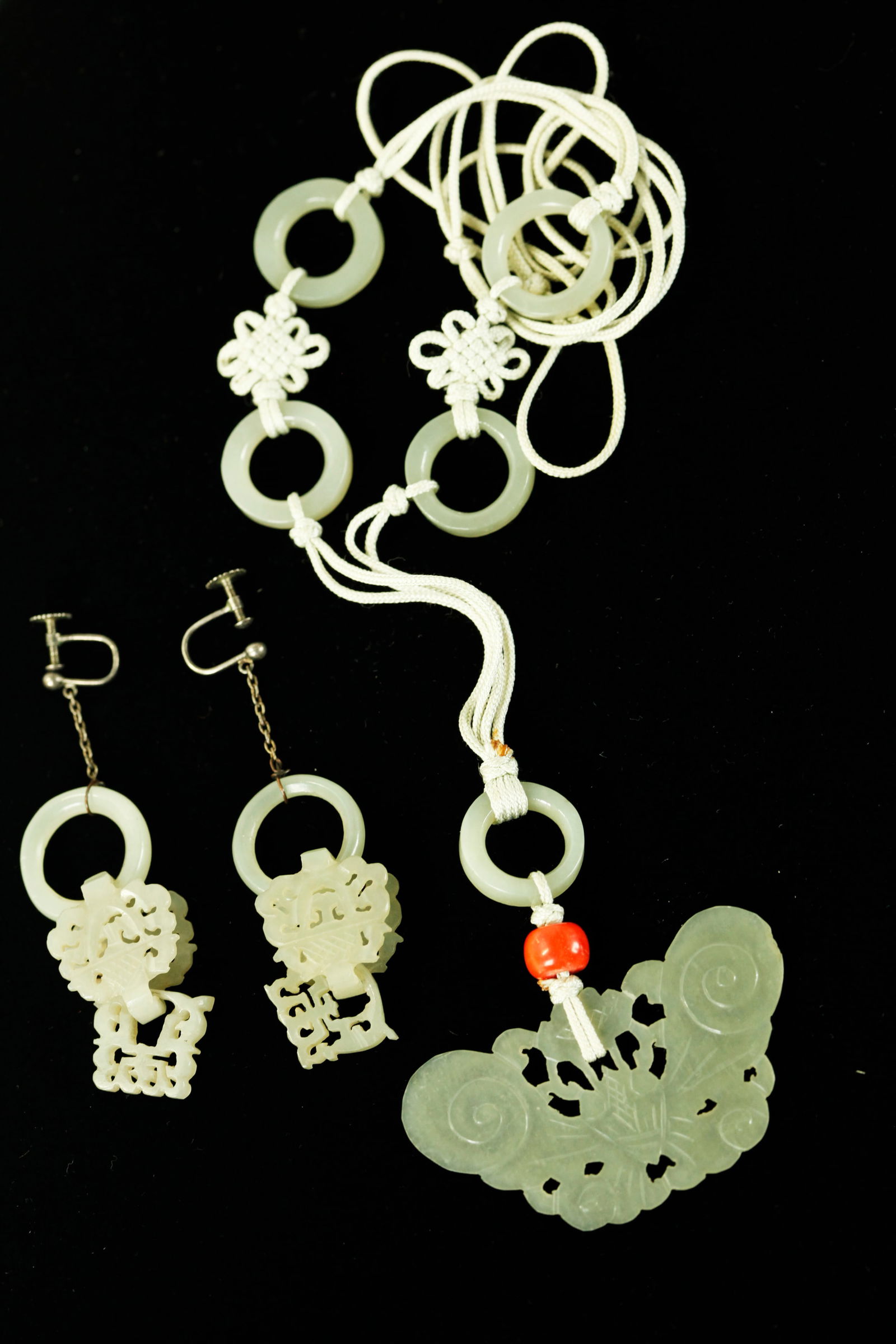 Chinese Qing White Jade 3pt Earrings & Butterfly (1 of 6)