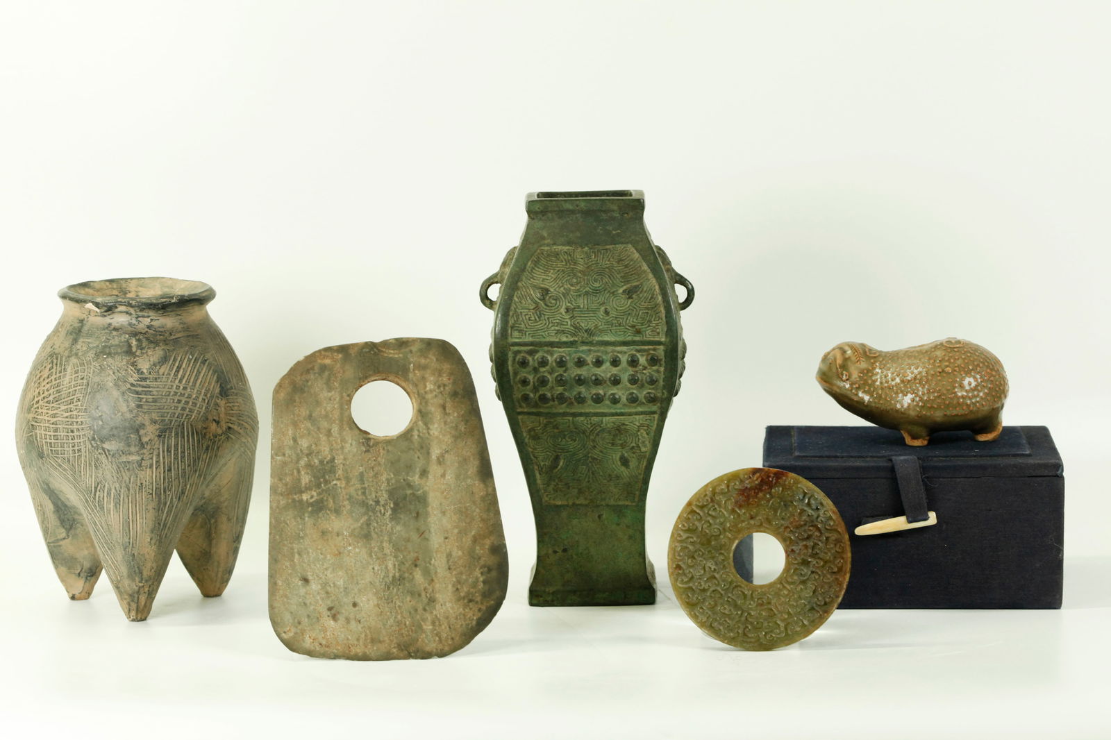 5 Chinese Antiques; 2 Stone, 2 Pottery, 1 Bronze (1 of 7)