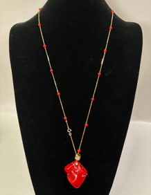 Lg Dark Coral Pendant; Diamonds & 18K Gold