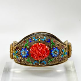 Chinese Gilt Silver Wire Work Bracelet & Coral