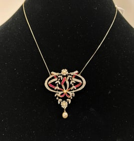 European Art Nouveau Diamond Pearl Ruby Pendant
