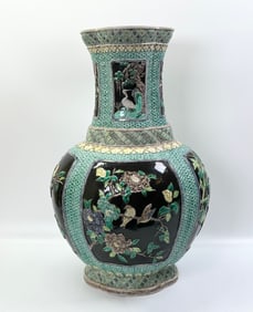 Lg Chinese Molded Famille Noire Porcelain Vase