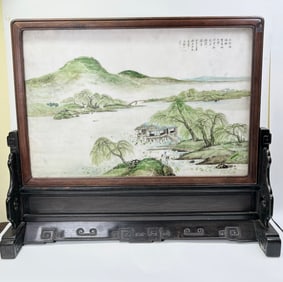 Lg Chinese Painting on White Marble Table Screen