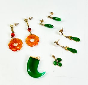 Chinese Natural Green Jadeite, Carnelian Earrings