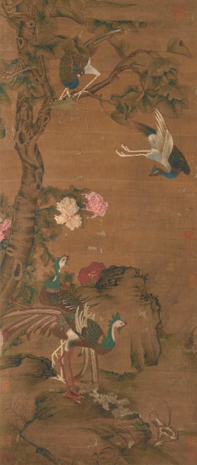 Bonhams; Chinese 14/15th Cen Phoenix, Peony Scroll Painting